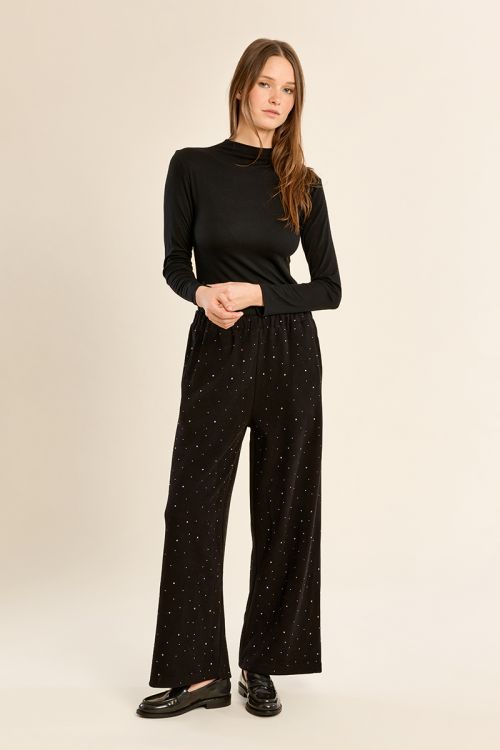 Pantalon taille haute, parsemé de strass