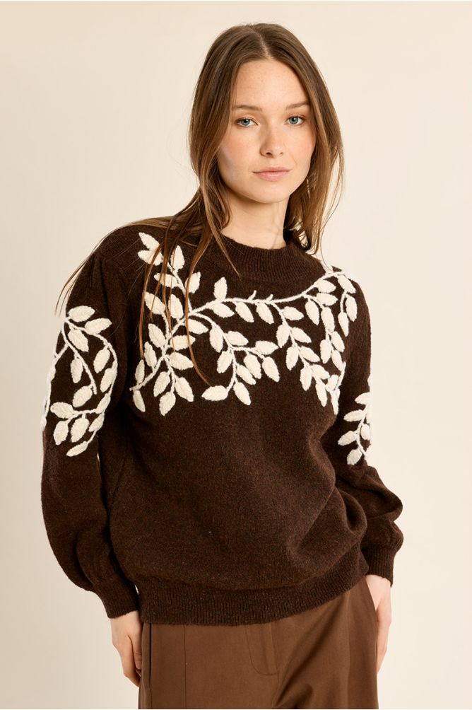 Sweater with high neck, floral embroidery