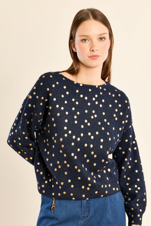 Boat neck sweater, polka dot pattern