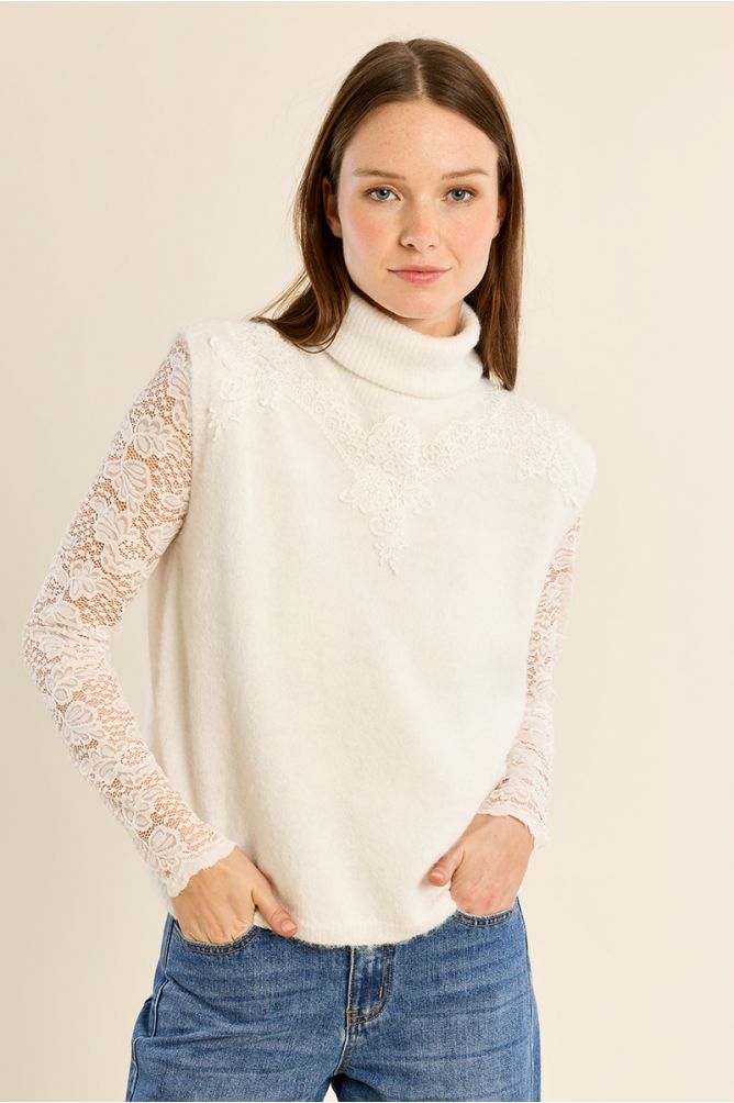 Pull sans manches, col roulé brodé