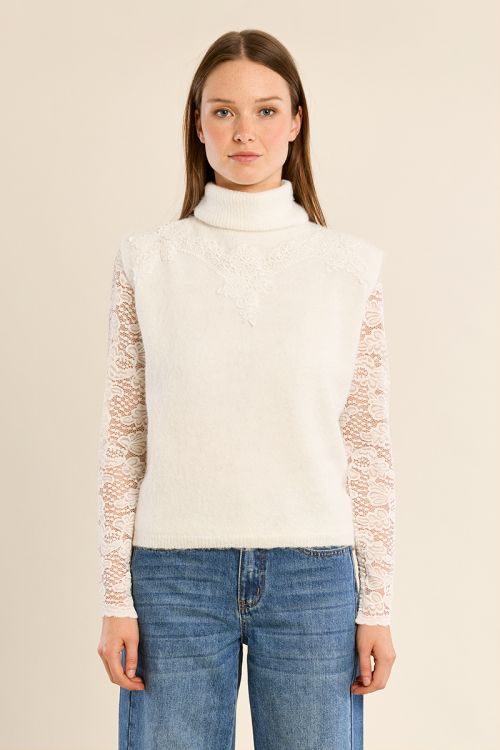 Pull sans manches, col roulé brodé