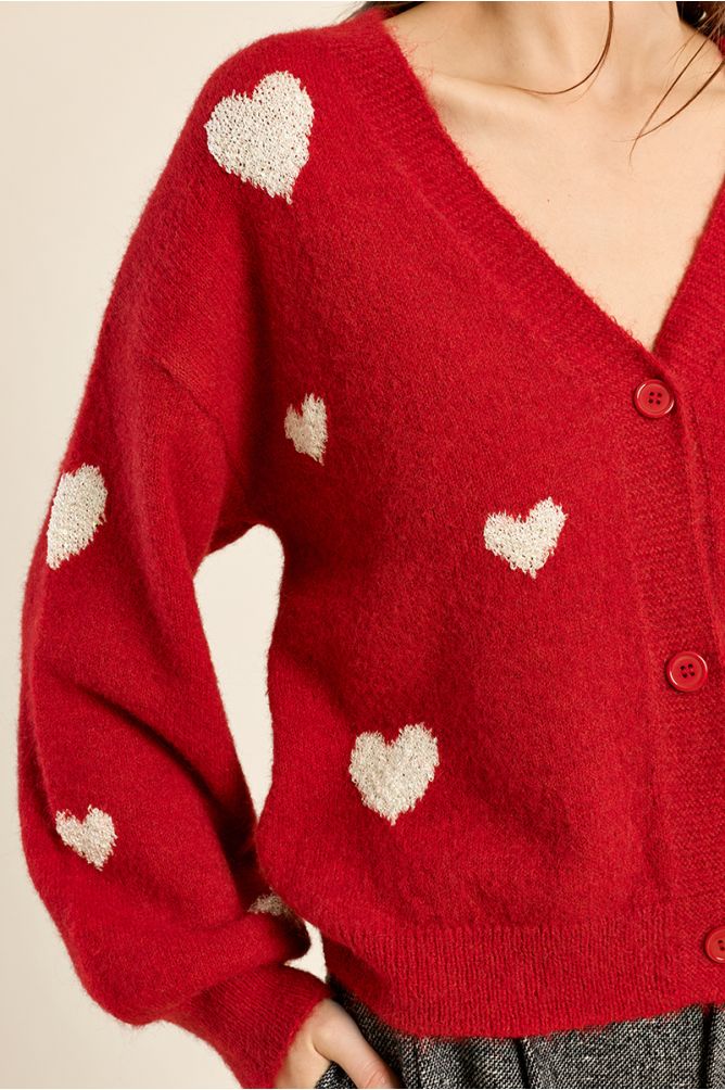 Balloon sleeve cardigan, heart pattern