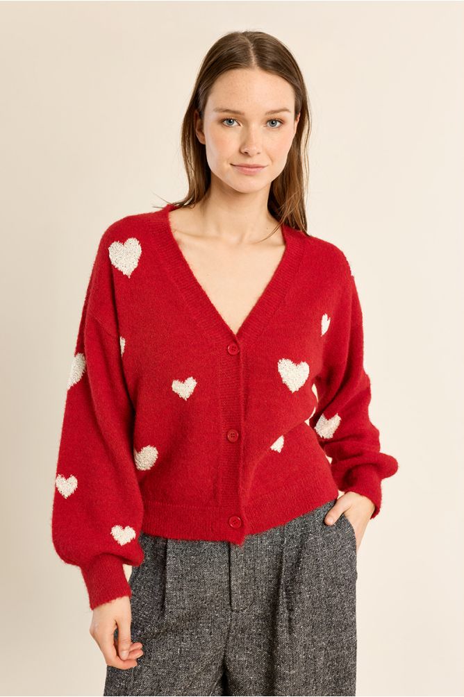 Balloon sleeve cardigan, heart pattern
