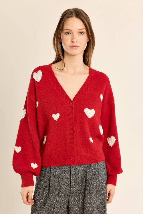 Cardigan manches ballon, motif cœur