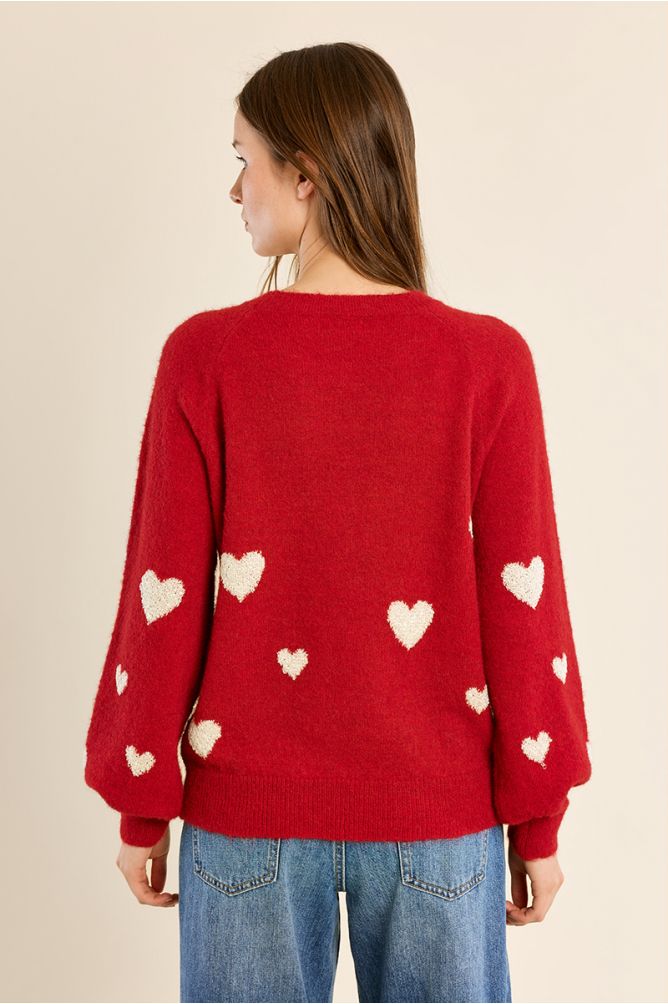 Balloon sleeve sweater, heart pattern