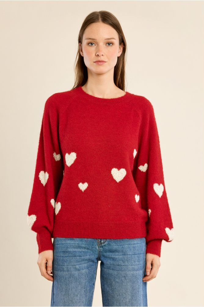 Pull manches ballon, motif cœur
