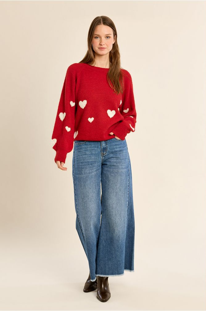 Balloon sleeve sweater, heart pattern