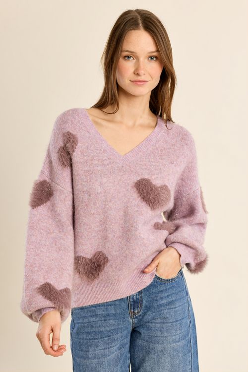 Fluffy sweater with iridescent hearts