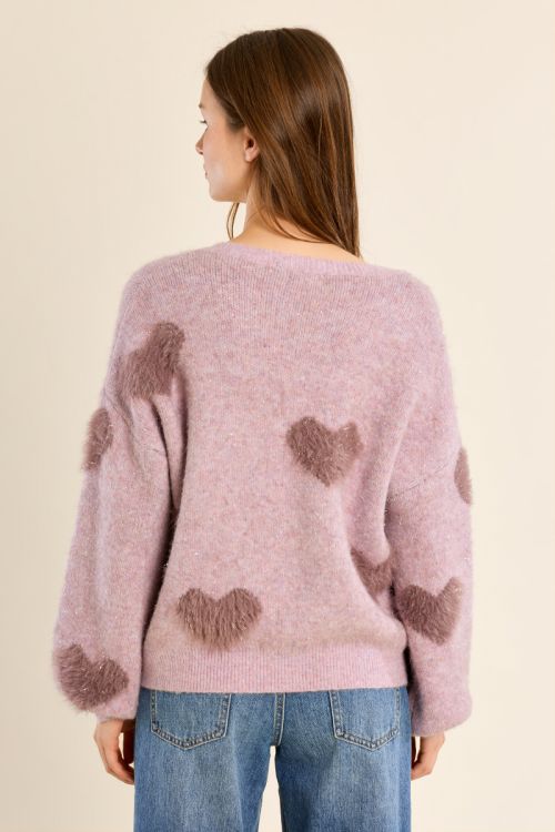 Fluffy sweater with iridescent hearts