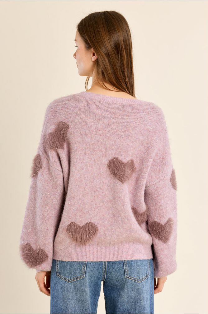 Fluffy sweater with iridescent hearts