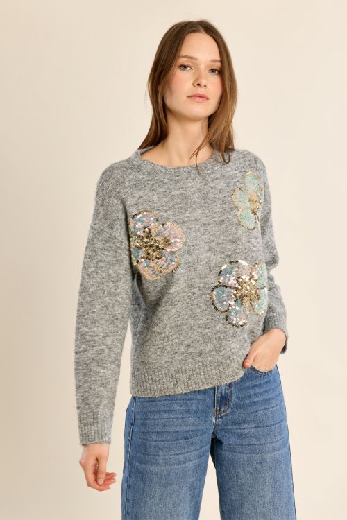 Pull en maille, fleurs en sequin