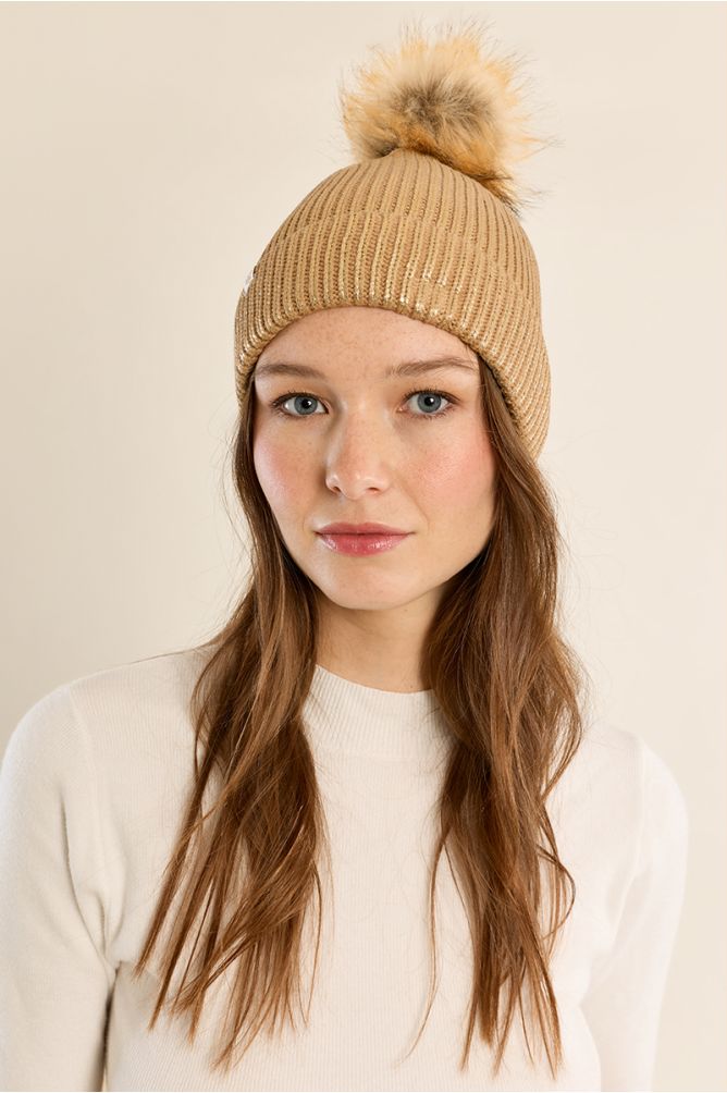Bonnet effet métallisé, à pompon