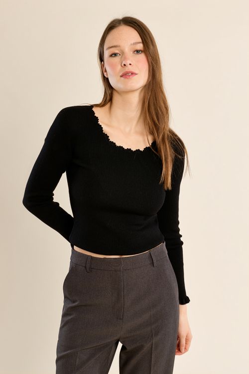 Pull en maille côtelée, col en dentelle