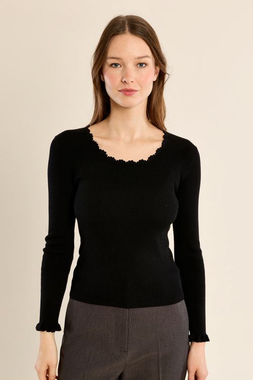 Ribbed knit sweater, lace collar