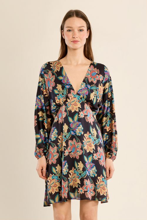 Robe courte ceintrée, motif à fleurs