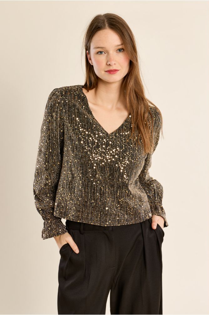 Blouse col V, strassée
