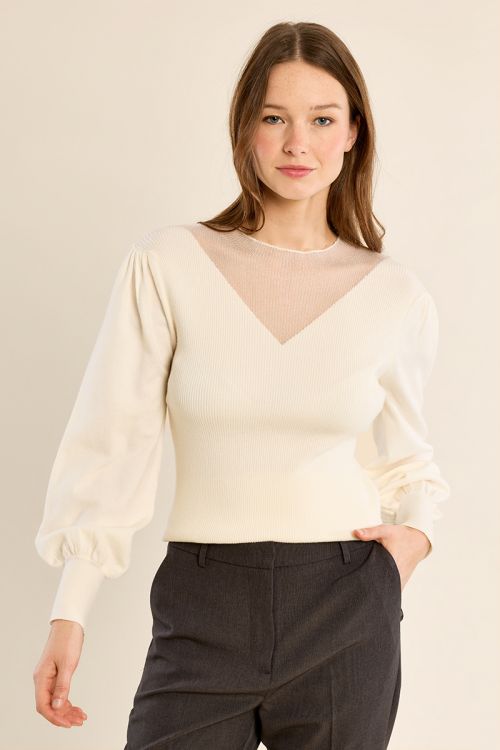 Pull en bi-matière, manches bouffantes