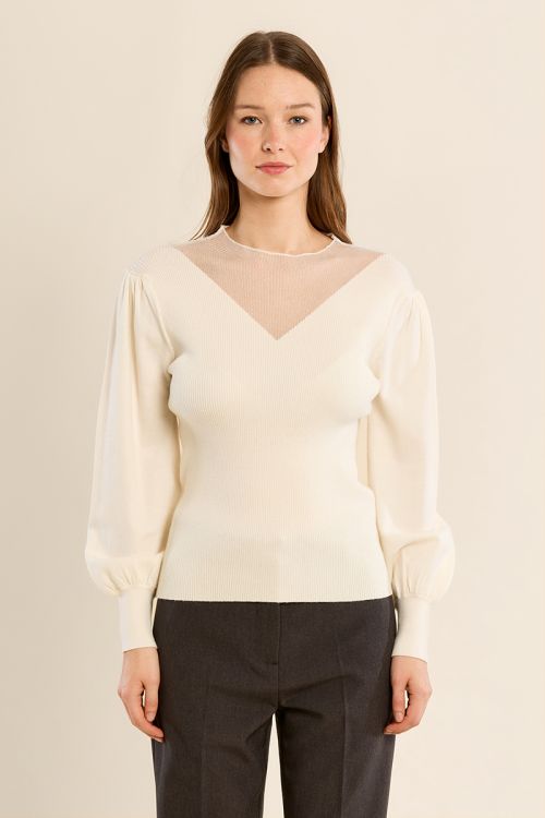 Bi-material sweater, puffed sleeves