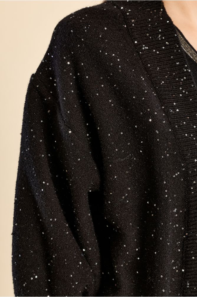 Long open knit cardigan, studded with rhinestones