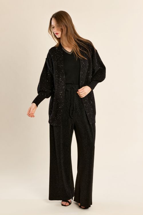 Gilet long ouvert en maille, parsemé de strass
