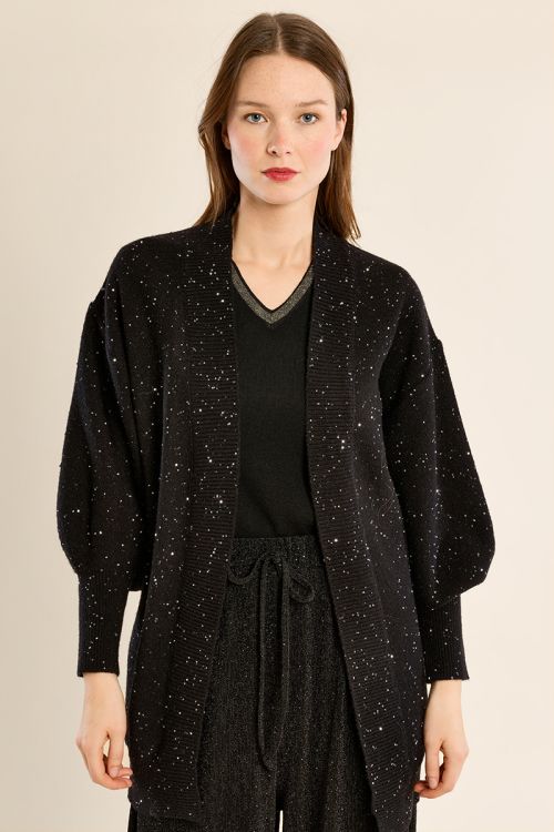 Gilet long ouvert en maille, parsemé de strass
