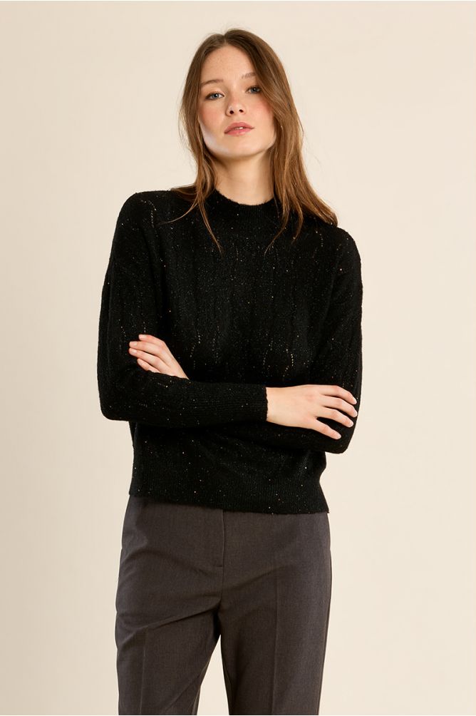 Openwork knit sweater, high collar