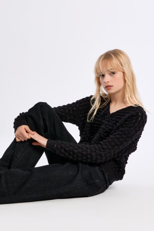 V-Neck Sweater In Openwork Knit