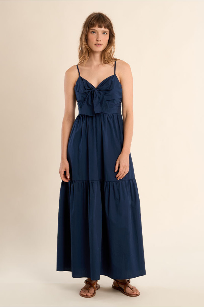 Robe longue en coton, bustier noué