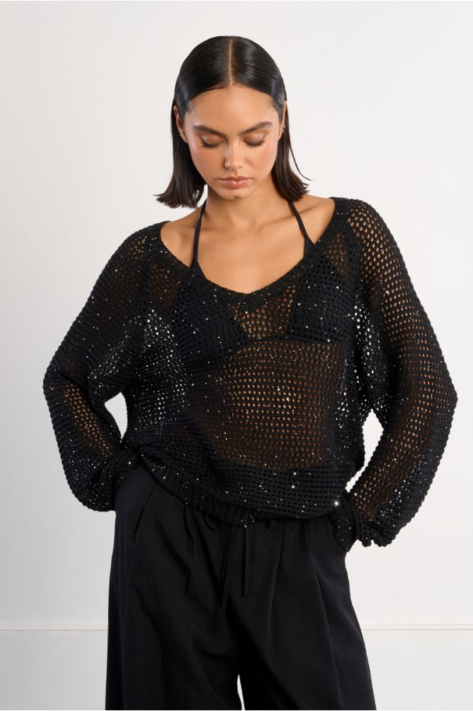 V-neck sweater, studded with rhinestones
