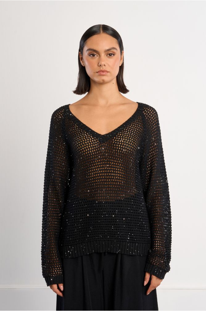 V-neck sweater, studded with rhinestones