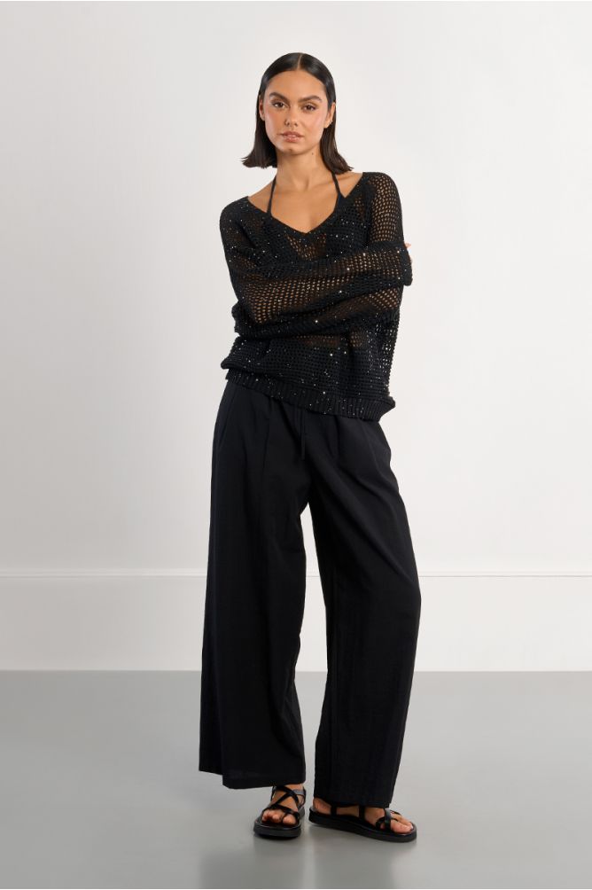 V-neck sweater, studded with rhinestones