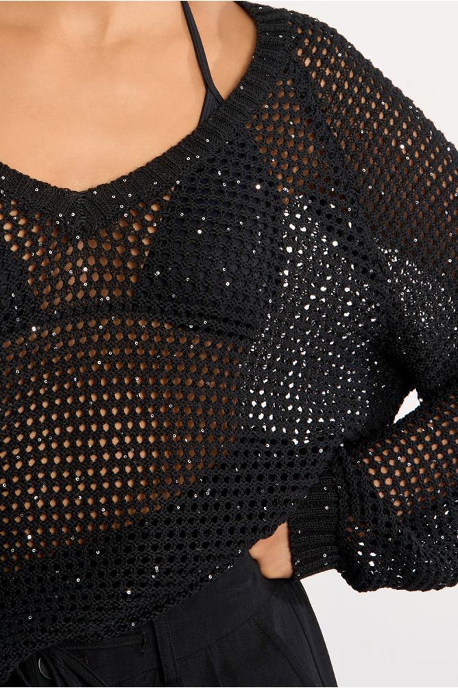 V-neck sweater, studded with rhinestones