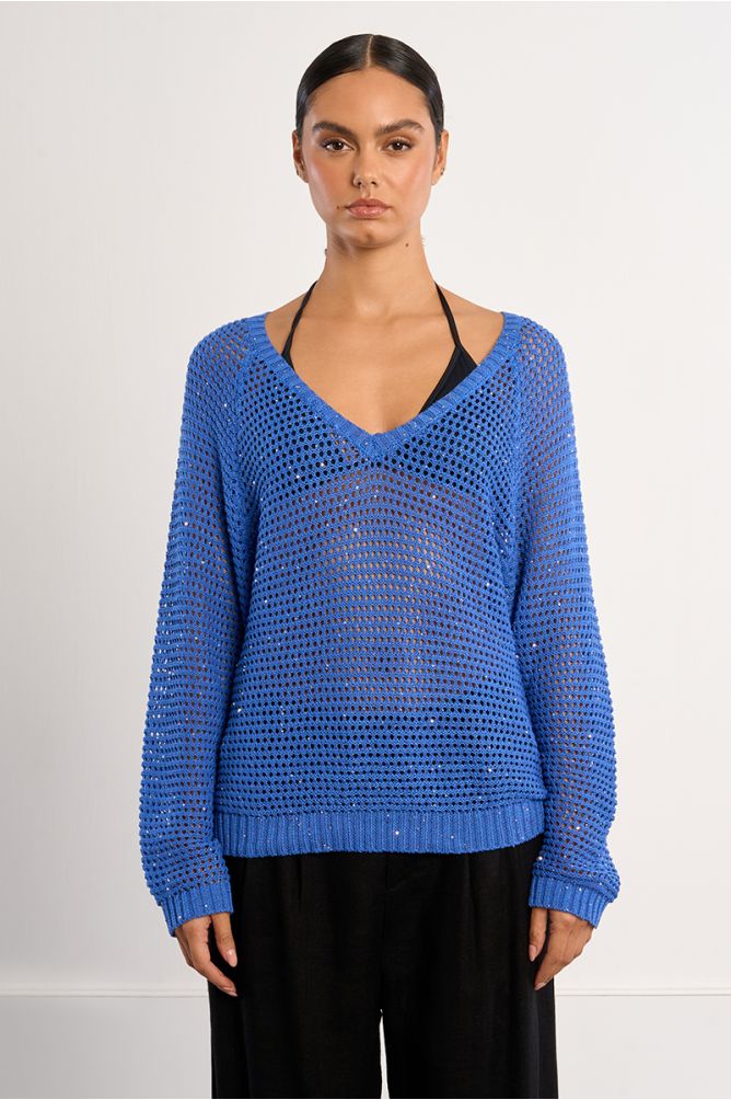 V-neck sweater, studded with rhinestones