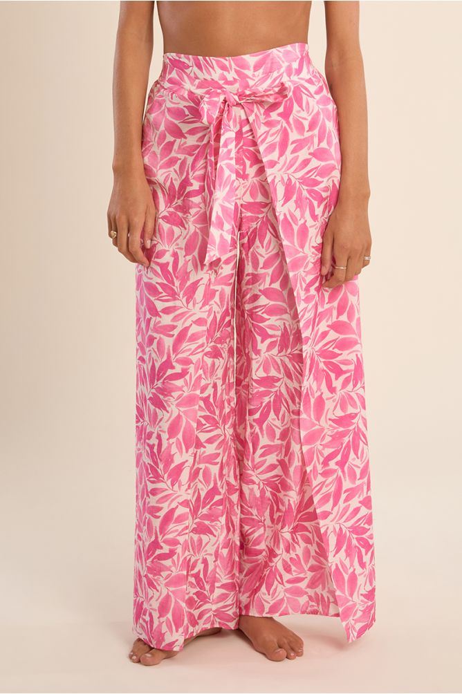 Pantalón de mujer largo, con estampado y lazada.