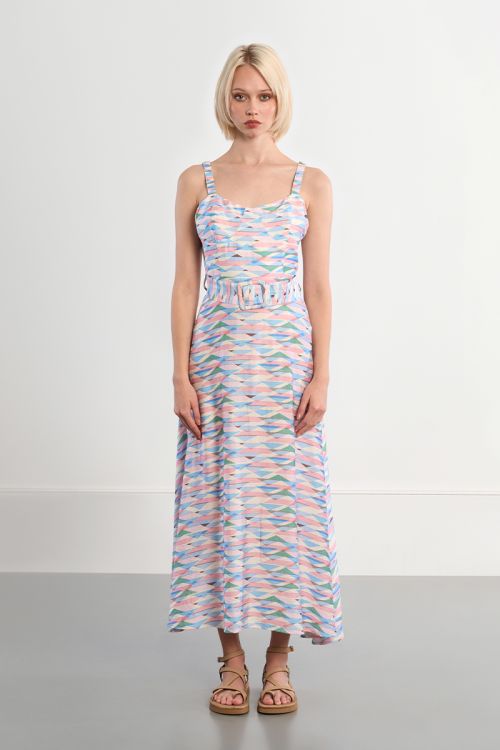 Belted maxi dress with geometric print