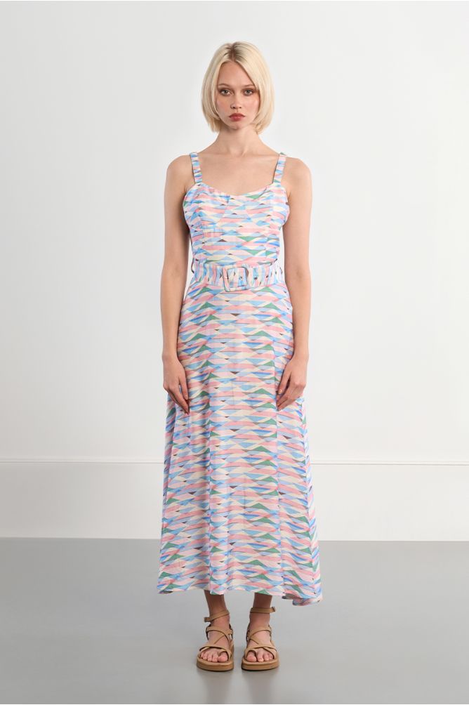 Belted maxi dress with geometric print