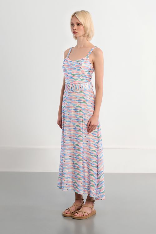 Robe maxi ceinturée à imprimé géométrique