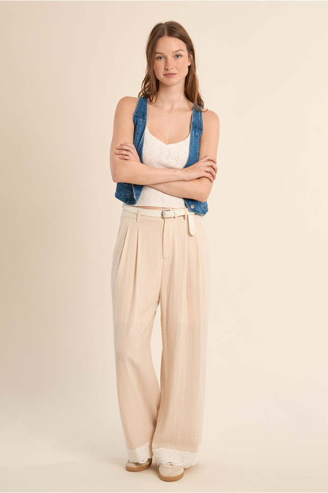 Pantalon droit taille haute, détail dentelle