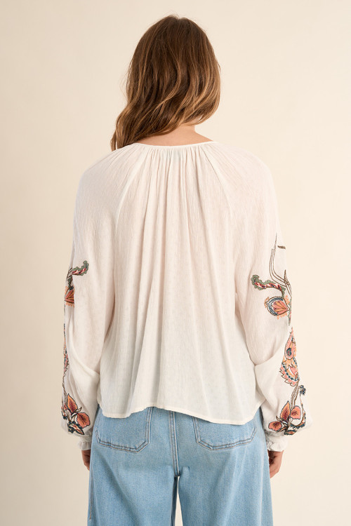Blouse with floral embroidery, tie collar