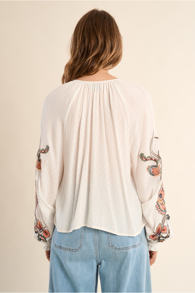 Blouse with floral embroidery, tie collar