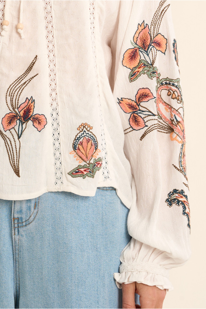 Blouse with floral embroidery, tie collar