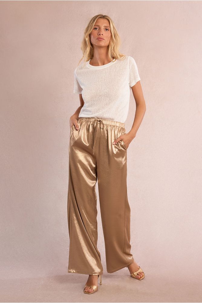 Pantalón de mujer largo, satinado, perneras rectas.