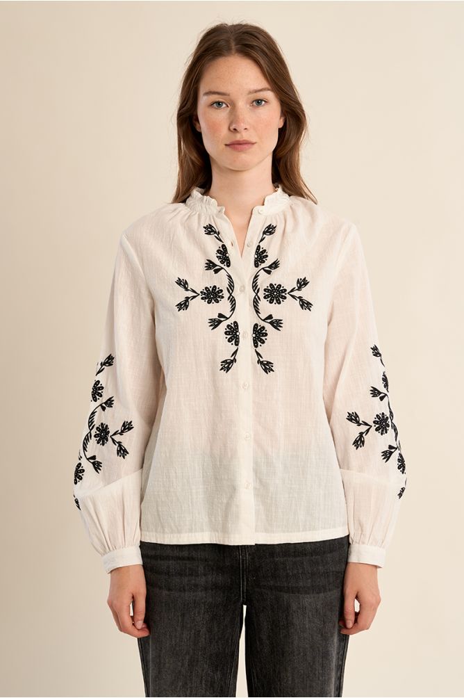 Camisa de mujer de manga larga, flores bordadas.