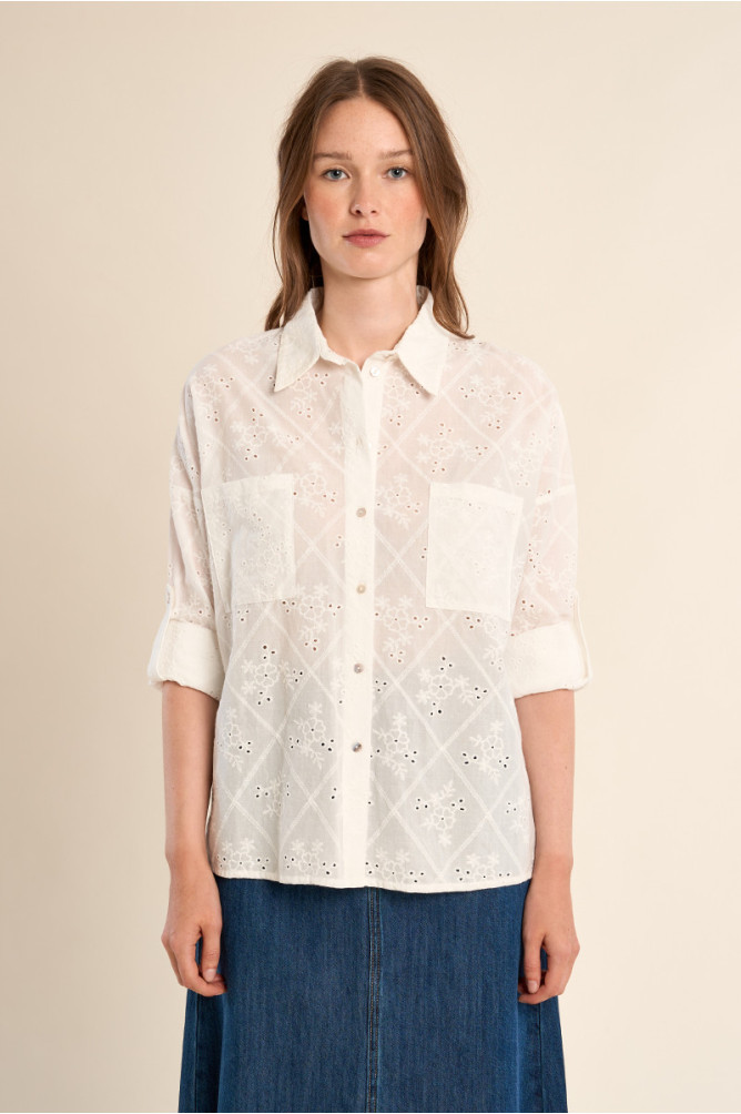 Camisa de mujer de manga larga, flores bordadas.