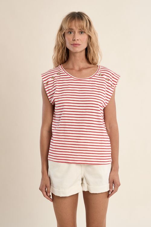 Camiseta de mujer de manga corta, estampado rayas.