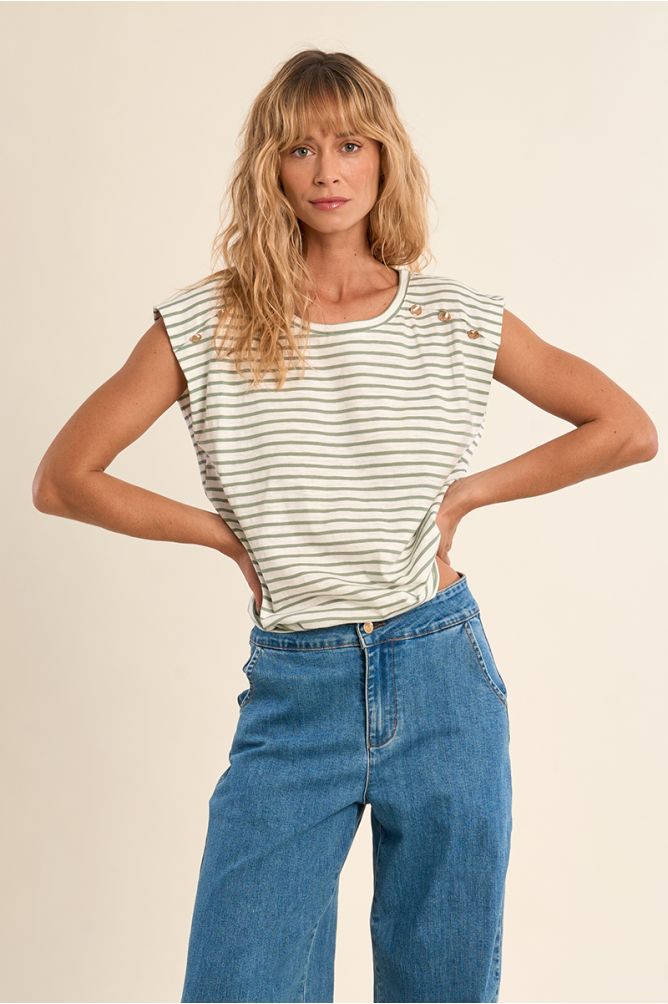 T-shirt marinière en coton avec boutons dorés