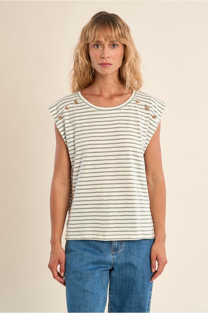 T-shirt marinière en coton avec boutons dorés