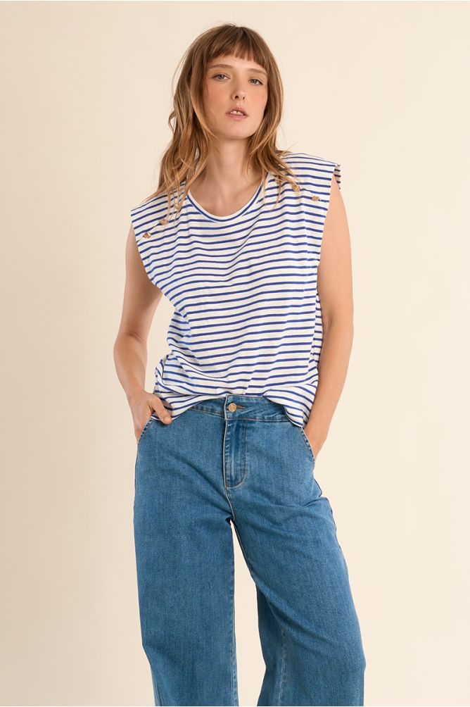 T-shirt marinière en coton avec boutons dorés