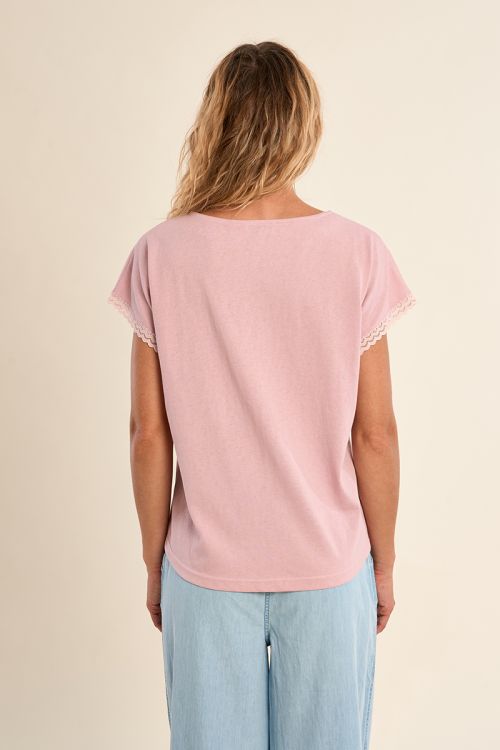 T-shirt à col V, détail dentelle