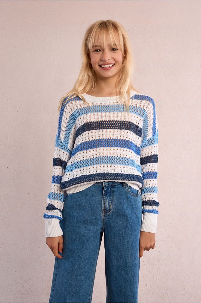 Striped sweater, openwork knit